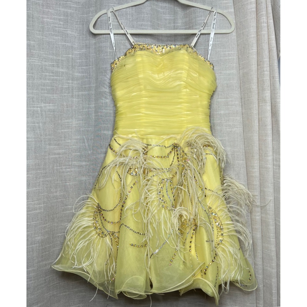 Party Time Yellow Rhinestone Feather Cocktail Party Dress‎ Fairy Women's Size 2
